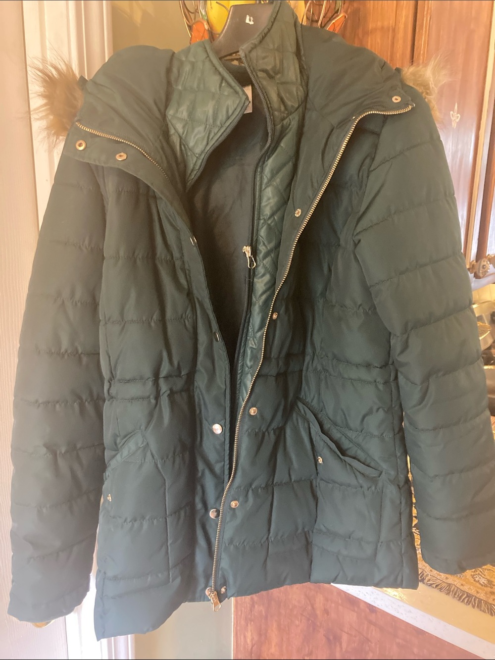 Time and Tru Dark Green Quilted Puffer Jacket with Faux Fur Hood